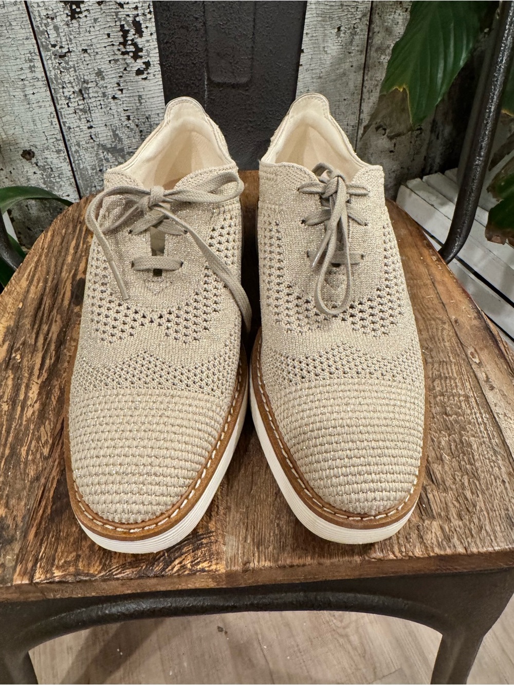 Cole Haan Women’s 7B Knit Wingtip Oxford Sneakers Beige Metallic FlowerFoam